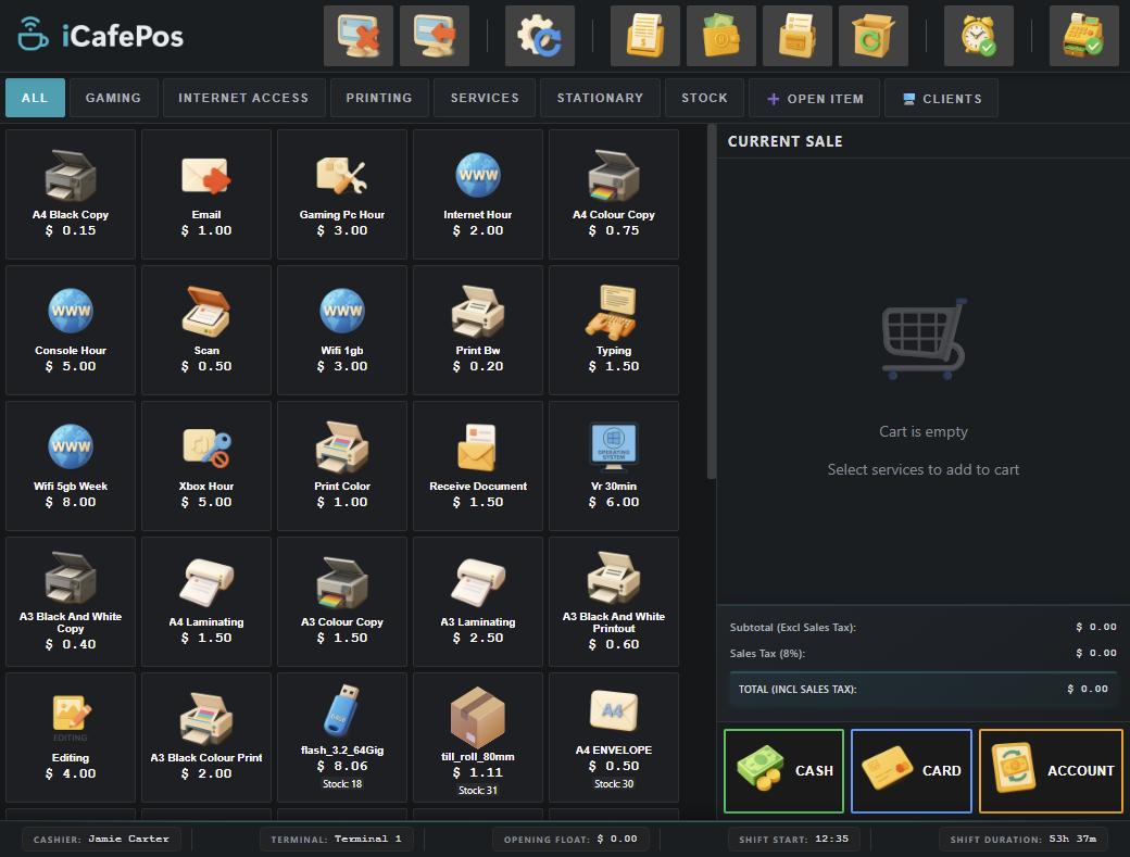 The iCafePos touch point-of-sale: a grid of services on the left, the current sale with subtotal, sales tax and total on the right, and cash, card and account tender buttons.