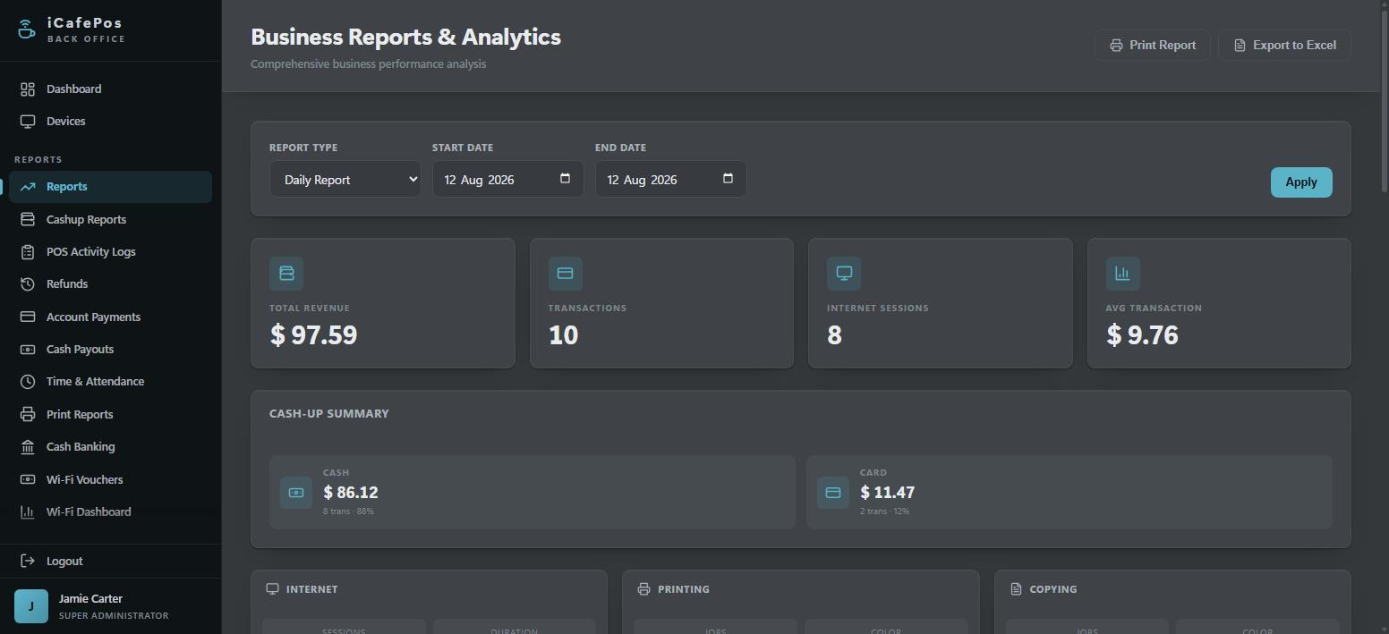 The Back Office reports screen: today's revenue, transaction count and average sale as headline figures, a cash-versus-card cash-up summary, and a revenue-by-service breakdown.