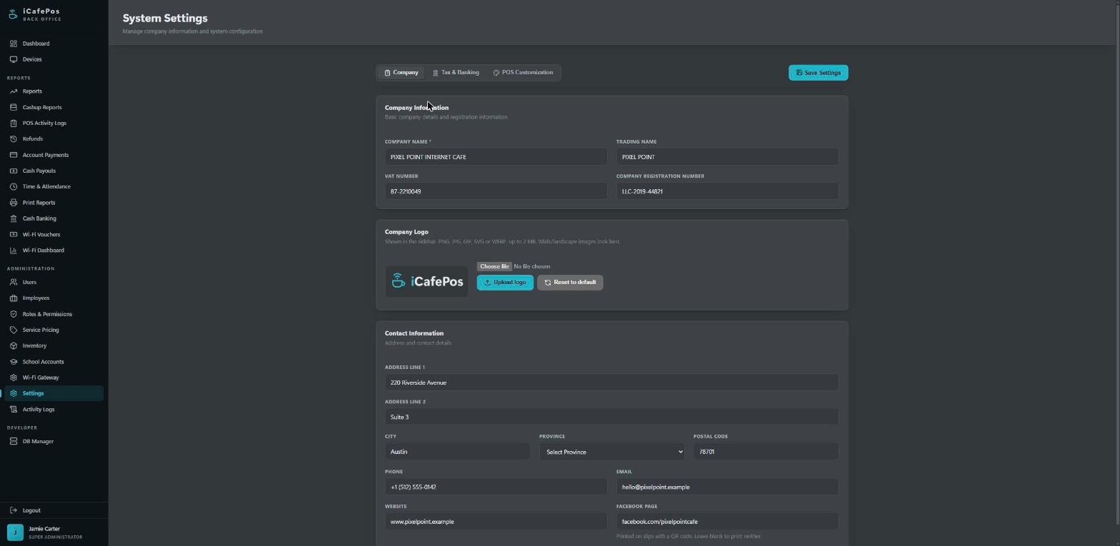 The company settings screen: shop name, address, tax number and logo.